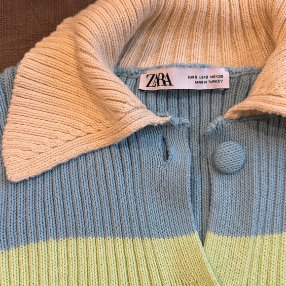 Zara Cream, Blue, Lime & Red Striped Ribbed Button Cardigan - Picture 3 of 5